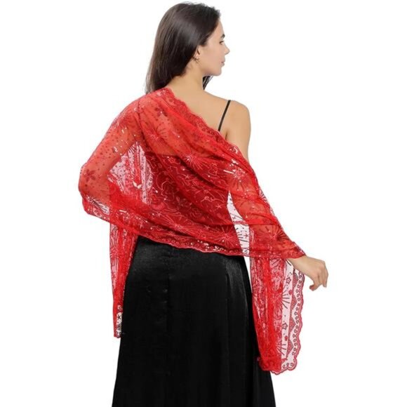 Accessories - Women's Sparkling Sequin Deco Scarf Red